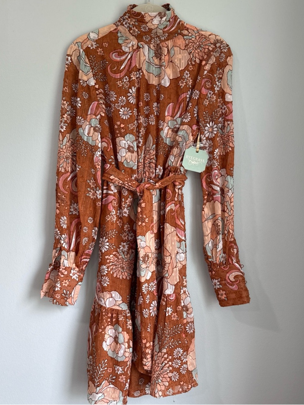 Rust Floral High-Neck Tie-Waist Dress